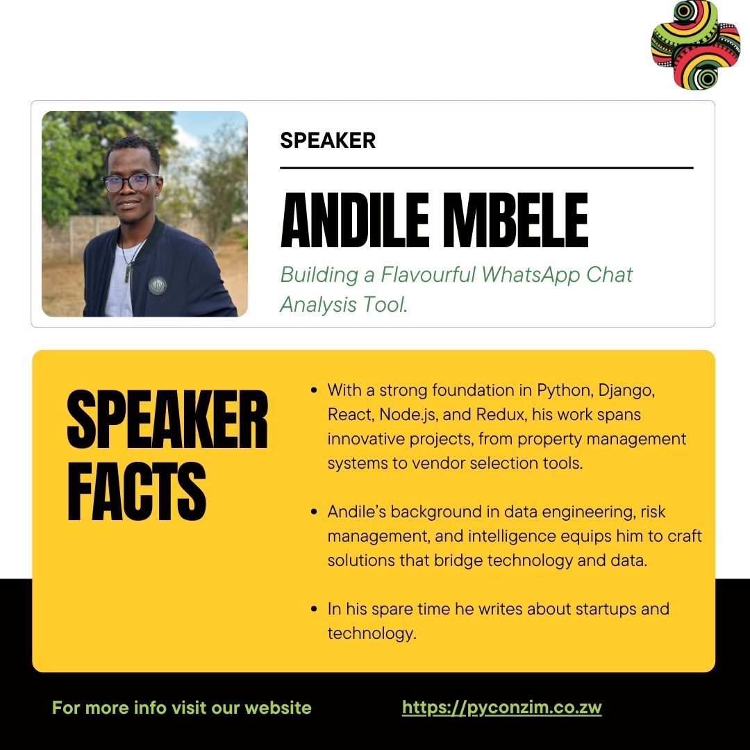 PyCon Zimbabwe speaker announcement for Andile Mbele’s WhatsApp chat analysis talk